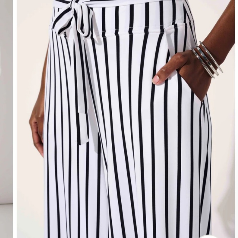 JONES NEW YORK Cream & Black Striped Silky Wide Leg Tailored Pullon Pant… - Picture 2 of 10